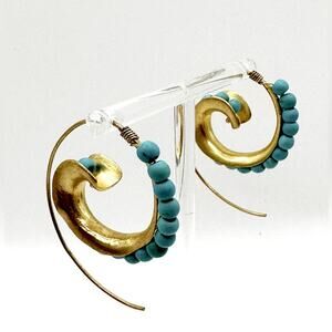 Ottoman Hands Bohemian Brass Turquoise Bead Hoop Earrings Boho Statement Jewelry